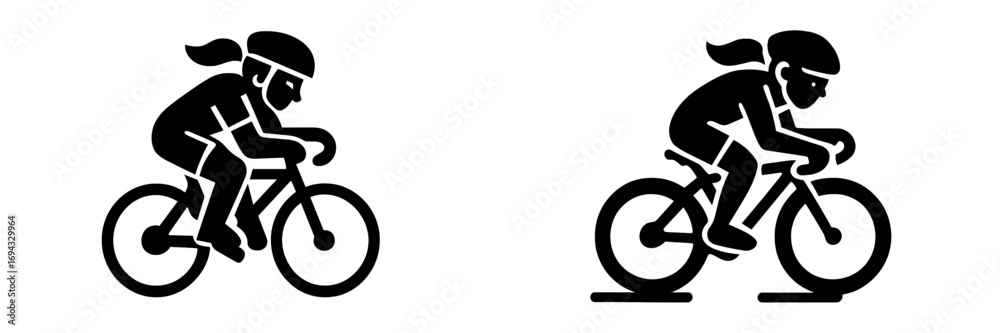 Naklejka premium Woman cyclist riding a road bike and on a stationary trainer black silhouette icon set for sports and fitness