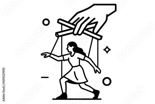 Hand controlling a woman marionette puppet on strings, a concept of manipulation, oppression, and lack of freedom