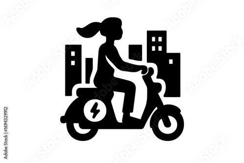 Woman riding an electric scooter in the city silhouette icon for urban mobility and sustainable transportation