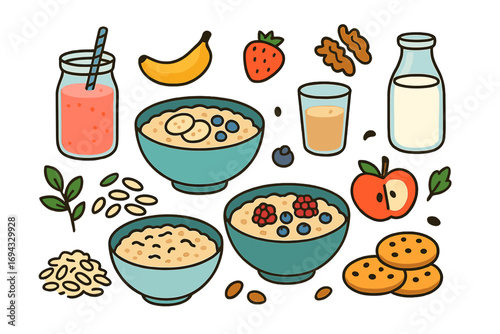 Collection of healthy breakfast food icons with oatmeal porridge, fresh fruits and berries, smoothie, milk, and juice