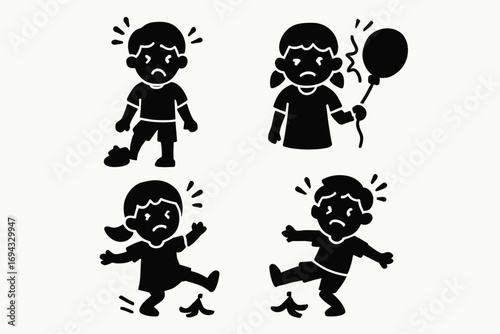 Set of black silhouette icons showing children having accidents like slipping on a banana peel or having a popped balloon