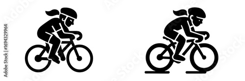 Woman cyclist riding a road bike and on a stationary trainer black silhouette icon set for sports and fitness