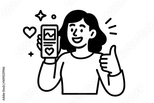 Cheerful woman holding a smartphone with a social media like icon and giving a thumbs up gesture for positive feedback