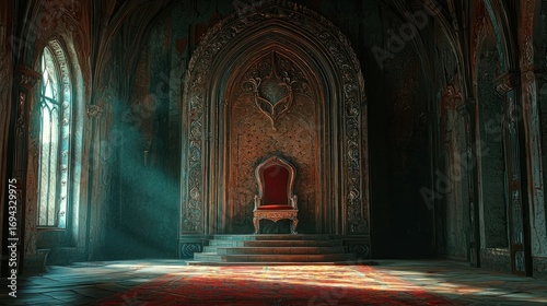 Grand Throne Room with Sunlight Rays and Ornate Architecture.