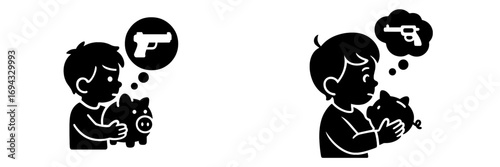 Boy with piggy bank saving money to buy a gun concept icon set for illegal arms trade and youth violence