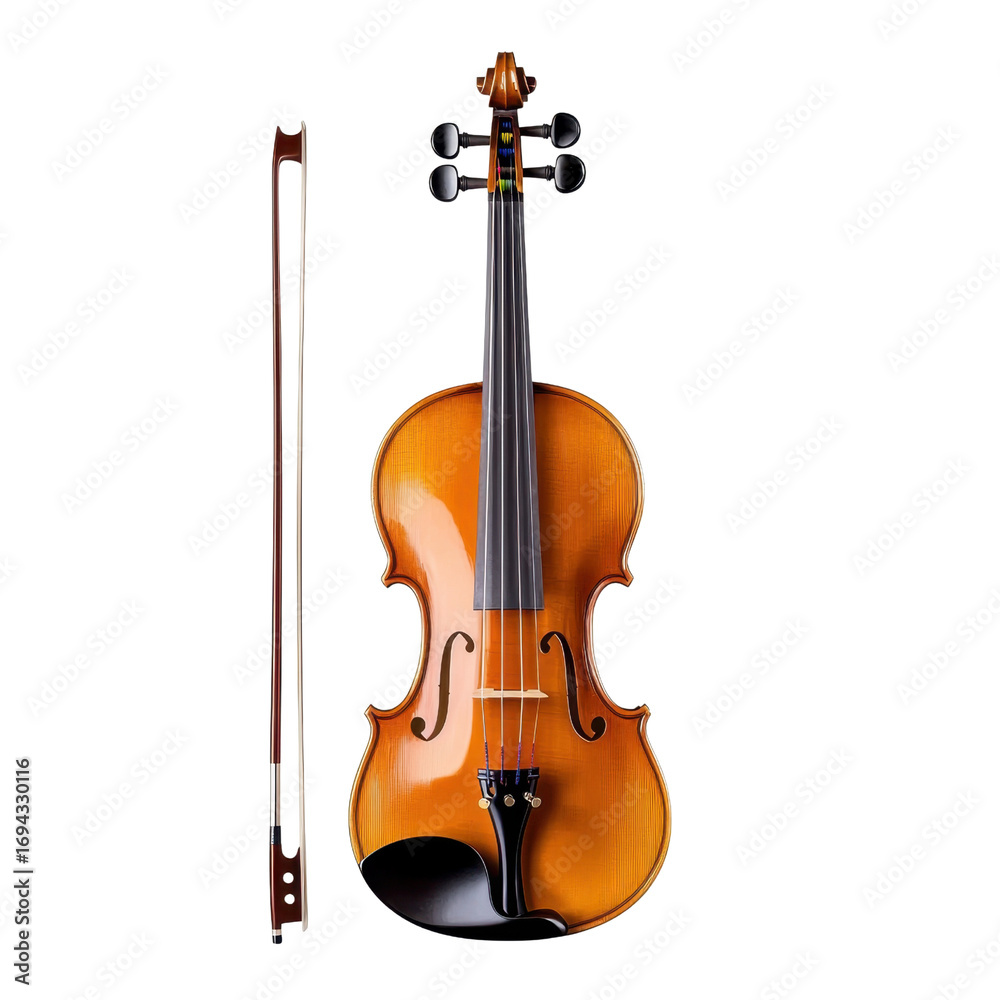 Fototapeta premium Elegant wooden violin with bow on white background showcasing rich tones and craftsmanship for music enthusiasts and artists transparent background