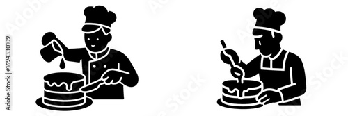 Pastry chef decorating a cake with icing and glaze glyph icon set for confectionery and baking concepts