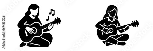 Set of two black glyph icons showing a musician playing an acoustic guitar while sitting cross-legged, a symbol for music, hobbies, and musical performance