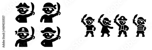 Set of black pirate character silhouettes with children in costume holding swords and wearing eye patches and hats