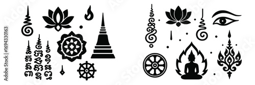 Collection of traditional Thai Sak Yant tattoo designs featuring spiritual Buddhist symbols such as the Unalome, lotus, Buddha, and stupa