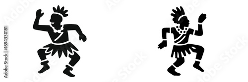 Black silhouette icons of tribal dancers in traditional costumes performing a ritual ethnic dance on a white background