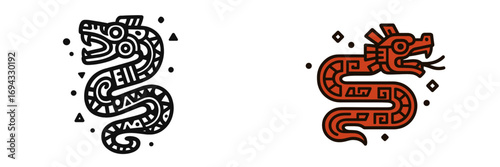 Set of two Aztec serpent dragons with traditional Mesoamerican patterns and geometric ornaments isolated on a white background