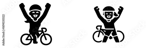 Happy female cyclist celebrating victory with arms raised icon set, woman on a road bike winning a race or competition, simple black silhouette glyph symbol for sports and achievement