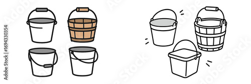 A collection of various bucket and pail icons in color and line art styles for cleaning, gardening, and household chores