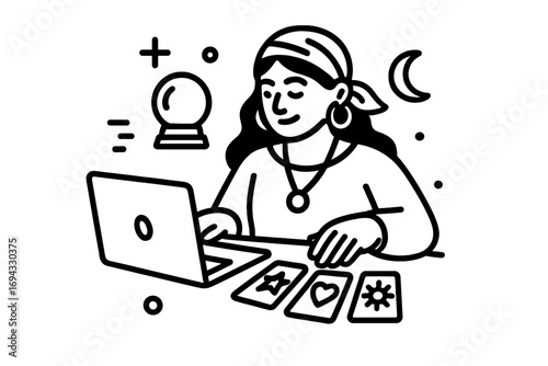 Modern fortune teller using a laptop for an online tarot card reading with a crystal ball and celestial symbols