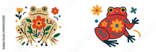 Collection of two colorful frogs decorated with folk art floral patterns and leaves in a whimsical naive style on a white background