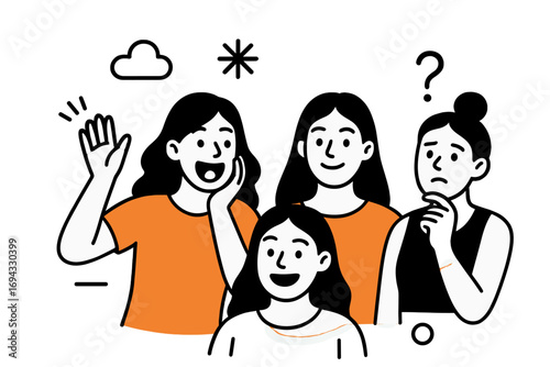 Diverse group of four female characters expressing emotions of happiness confusion and curiosity in a minimalist doodle style