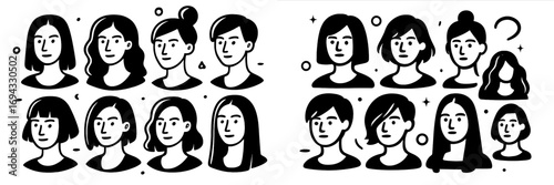 Set of minimalist black and white female portraits with various hairstyles, collection of graphic doodle style avatars for social media or profile pictures