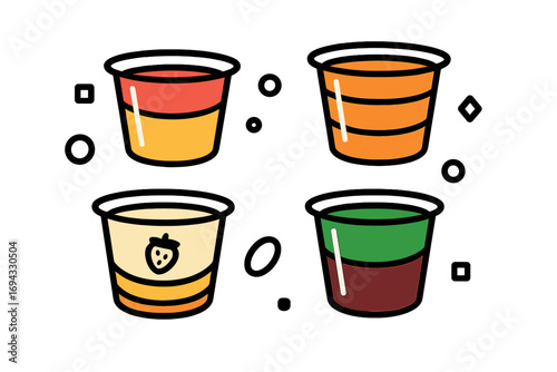 Colorful jelly cups icon set with layered fruit flavors and a strawberry symbol isolated on a white background