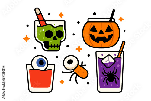 Set of spooky Halloween cocktails and drinks with skull, pumpkin, eyeball, and spider icons for a festive party celebration