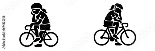 Sad and tired cyclist sitting on a bicycle after a race or training session, black silhouette icon of a disappointed athlete feeling exhausted