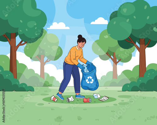 Eco-Friendly Initiative: A dedicated individual actively engages in a litter collection endeavor, embodying the essence of environmental responsibility.