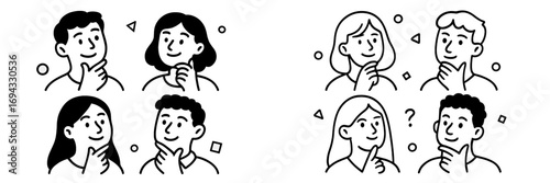 Set of diverse people thinking and pondering with hand on chin in a simple black and white line art style