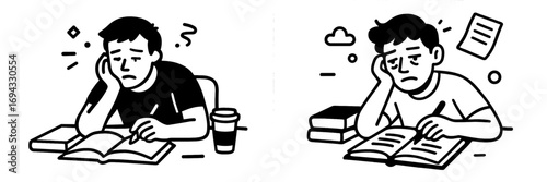 Tired and stressed student struggling with homework at a desk with books, black and white cartoon character