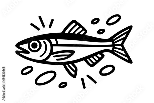 Minimalist black and white sardine icon with bold lines and bubbles, a simple linear drawing of a small fish for seafood branding or aquatic themed design, isolated on a white background