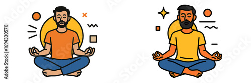 Simple character icon set of a bearded man practicing yoga and meditation in a calm state for wellness, balance, and stress relief