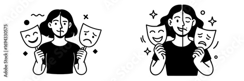 Concept of duality and hidden emotions with a person holding two theatrical masks representing happiness and sadness