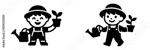 Young child gardener character in overalls holding a watering can and a small potted seedling for gardening and agriculture themes