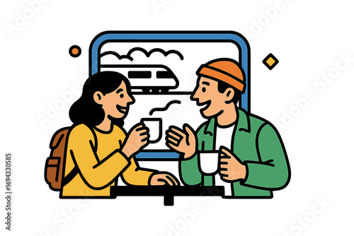 Young couple enjoying a conversation with coffee while traveling by train, sitting at a table with a scenic view of the journey from the window