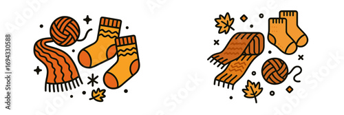 Cozy autumn knitted clothes icon set with warm scarf, socks, and ball of yarn isolated on a white background
