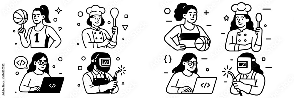 Fototapeta premium Black and white line art icon set of women in various careers like basketball player, chef, programmer, and welder showing professional diversity and empowerment
