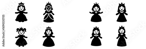 Set of princess glyph icons for fantasy and fairytale themes, featuring royal female characters with crowns and gowns in a simple black silhouette style isolated on a white background