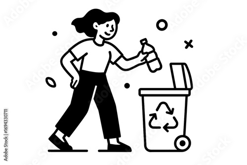 Simple line art of a woman throwing a plastic bottle into a recycling bin with a recycle symbol promoting sustainability and proper waste disposal