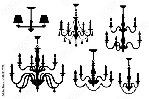 Collection of classic chandelier silhouettes with ornate vintage designs for interior decor and lighting fixtures, isolated on a white background