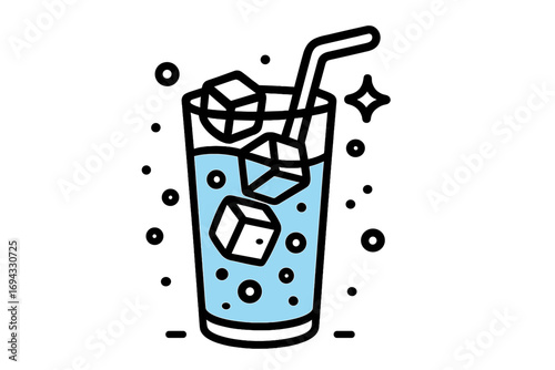 Refreshing cold beverage in a tall glass with ice cubes and a drinking straw, a minimalist outline of a sparkling summer drink