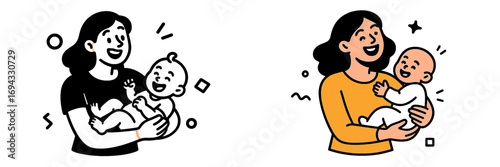 Happy mother holding her smiling newborn baby in her arms, a simple character design showing family love and parental care