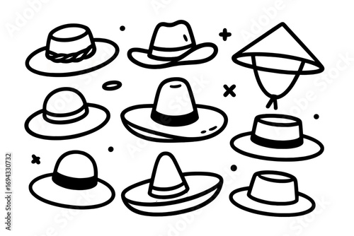 Set of different headwear icons in a minimalist black and white line art style featuring various types of hats like fedoras and sombreros