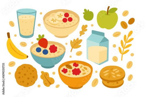 Collection of healthy breakfast food items with oatmeal porridge, fresh fruits and berries, oat milk, and cookies isolated on white