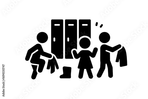Young students putting on clothes and shoes in a school changing room with lockers before class starts