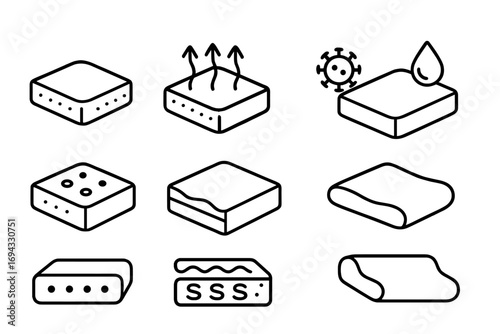 Icon set of mattress and pillow properties including breathable, waterproof, antibacterial, and memory foam for bedding and orthopedic support