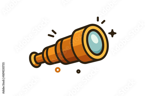 Vintage golden telescope icon for exploration and discovery themes, a cartoon spyglass for navigation and adventure concepts isolated on a white background