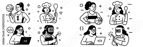 Black and white line art icon set of women in various careers like basketball player, chef, programmer, and welder showing professional diversity and empowerment