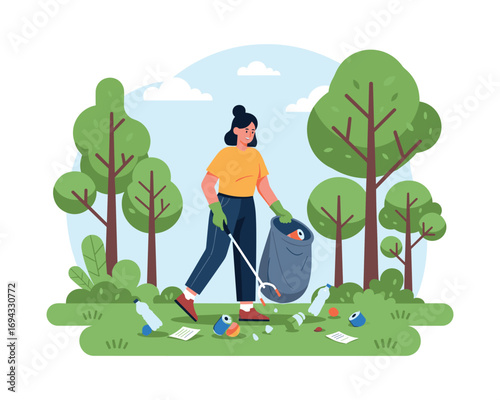 Environmental Stewardship: A dedicated individual diligently collects litter with a grabber tool, demonstrating a commitment to cleanliness in a park or green space.