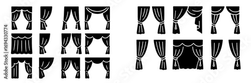 Set of black curtain silhouettes and drapery icons for window treatment and interior decor isolated on a white background