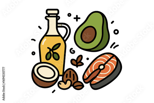 Healthy fats food sources concept with olive oil, avocado, salmon steak, coconut, and nuts in a flat graphic style