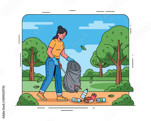 Eco-Conscious Cleaning: An illustrated scene depicts a dedicated individual meticulously collecting litter, embodying environmental stewardship in a picturesque outdoor setting.